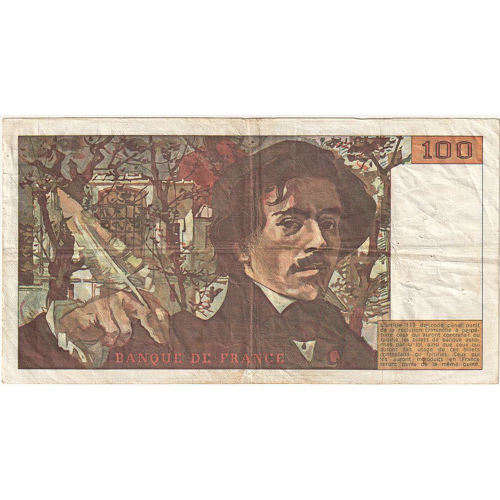 France, 100 Francs, Delacroix, 1980, C.38, VF(30-35), Fayette:69.04b, KM:154b