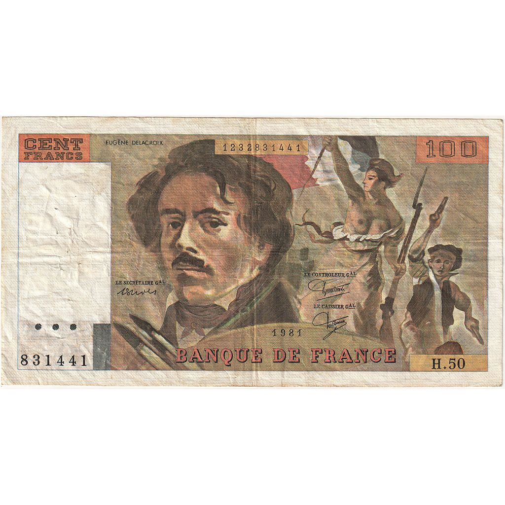 France, 100 Francs, Delacroix, 1981, H.50, VF(30-35), Fayette:69.05, KM:154b