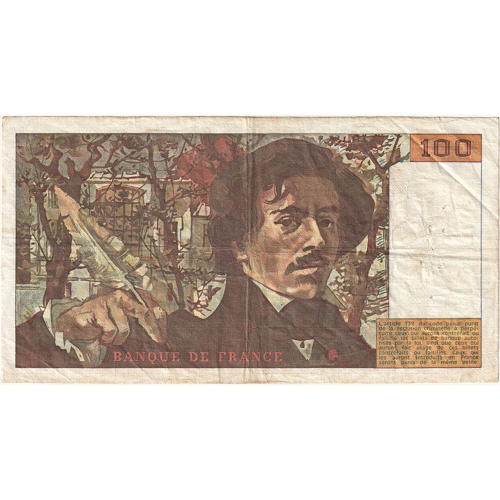 France, 100 Francs, Delacroix, 1981, H.50, VF(30-35), Fayette:69.05, KM:154b