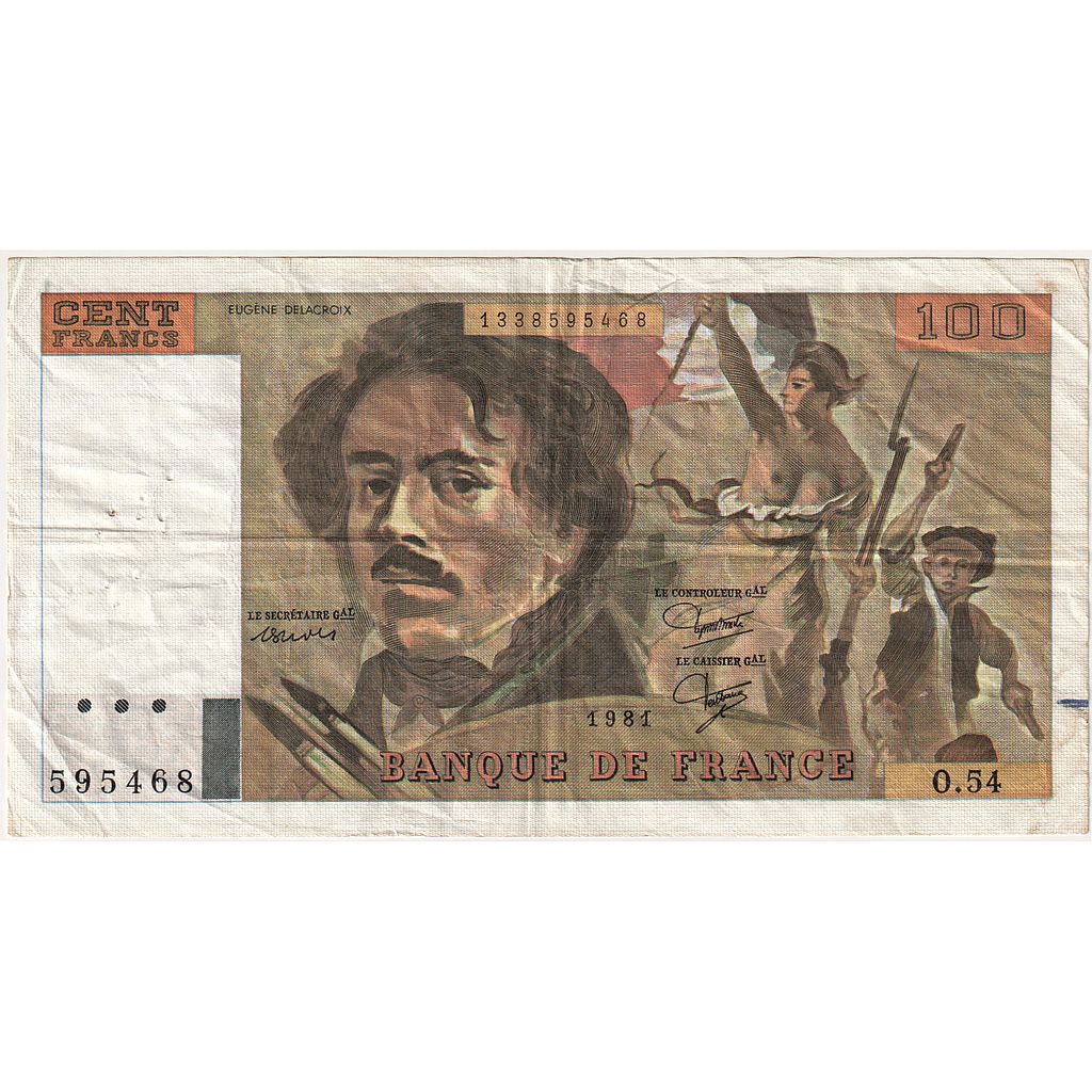 France, 100 Francs, Delacroix, 1981, O.54, VF(20-25), Fayette:69.05, KM:154b