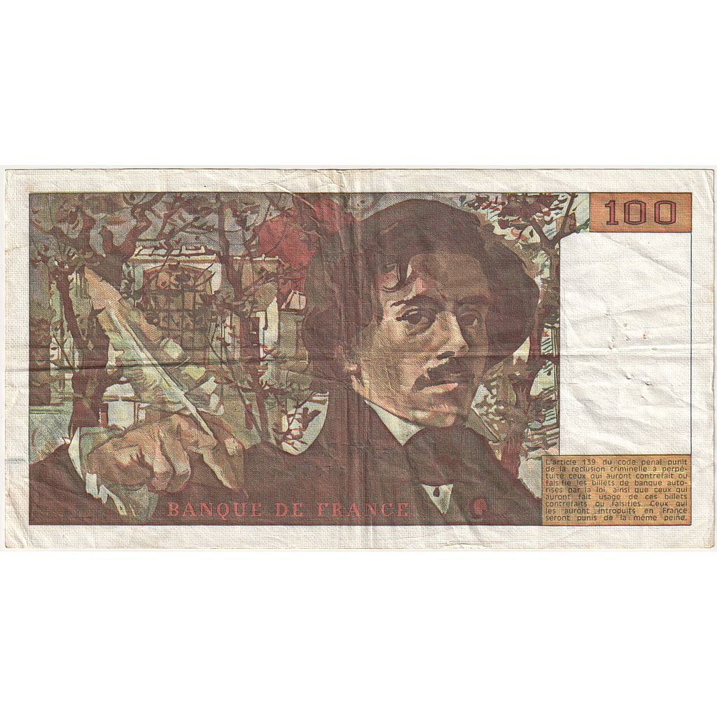 France, 100 Francs, Delacroix, 1981, O.54, VF(20-25), Fayette:69.05, KM:154b