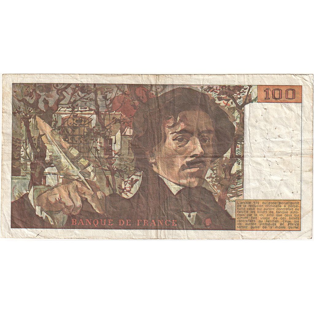 France, 100 Francs, Delacroix, 1979, R.19, VF(20-25), Fayette:69.03, KM:154b