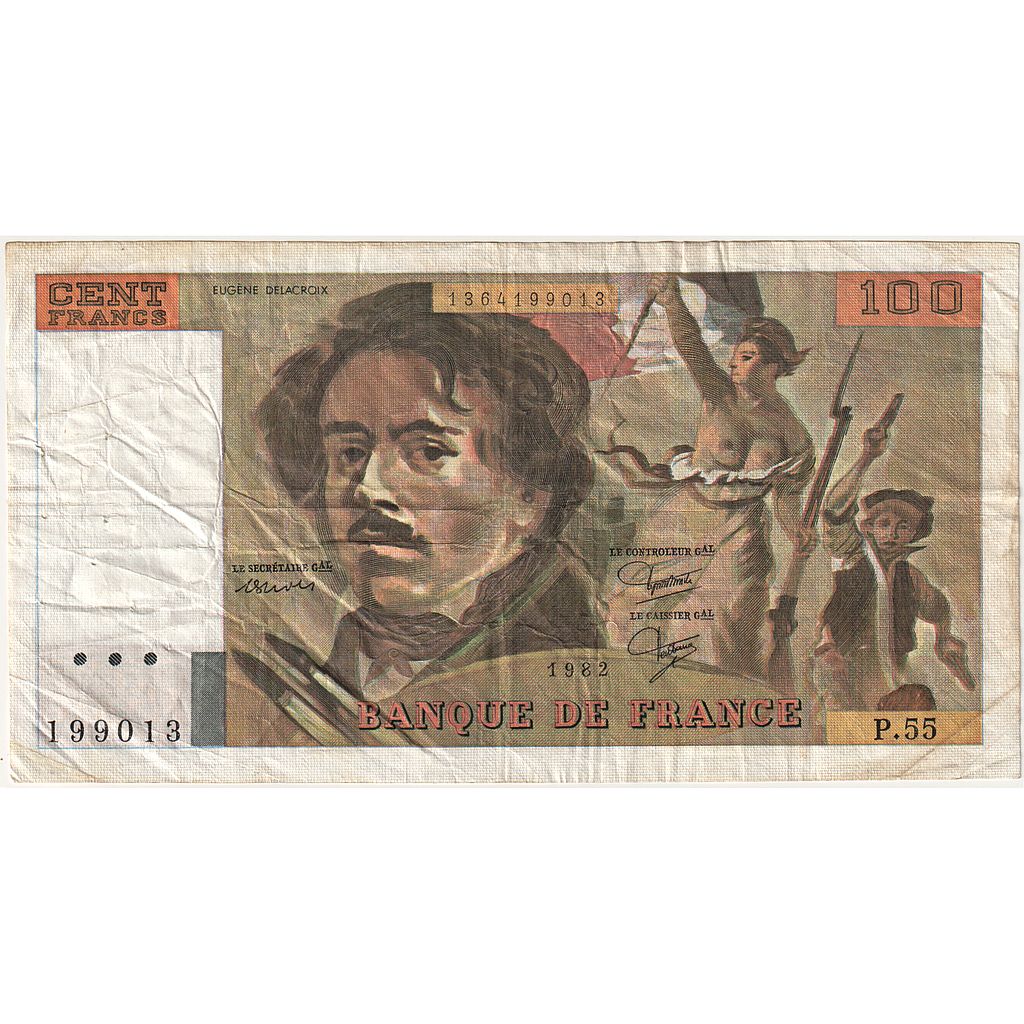 France, 100 Francs, Delacroix, 1982, P.55, VF(20-25), Fayette:69.06, KM:154b