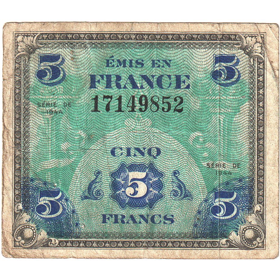 France, 5 Francs, Drapeau/France, 1944, B, Fayette:17.01, KM:115a