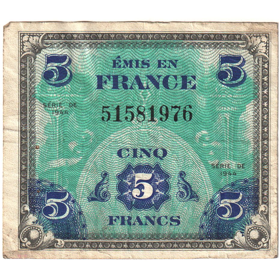 France, 5 Francs, Flag/France, 1944, VF(30-35), Fayette:17.01, KM:115a