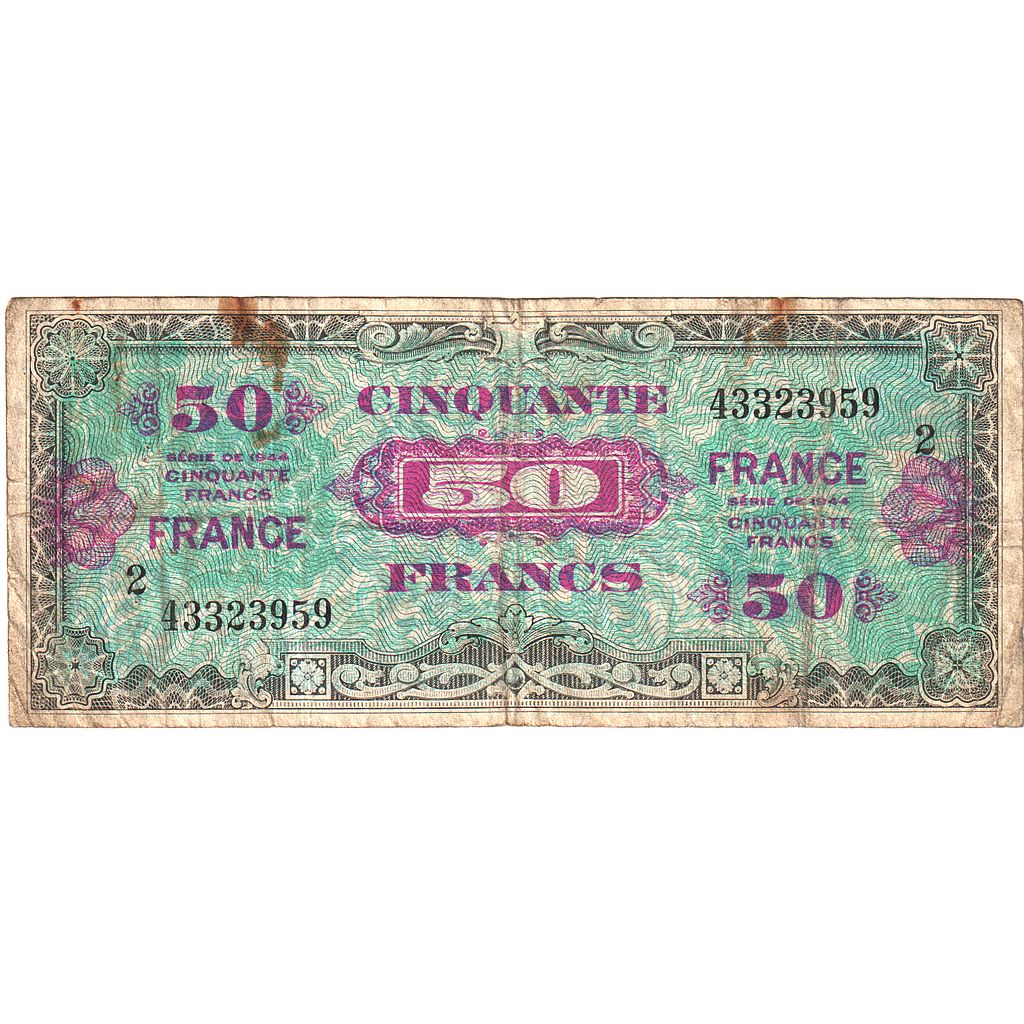 France, 50 Francs, Flag/France, 1944, 43323959, VF(20-25), Fayette:VF24.02