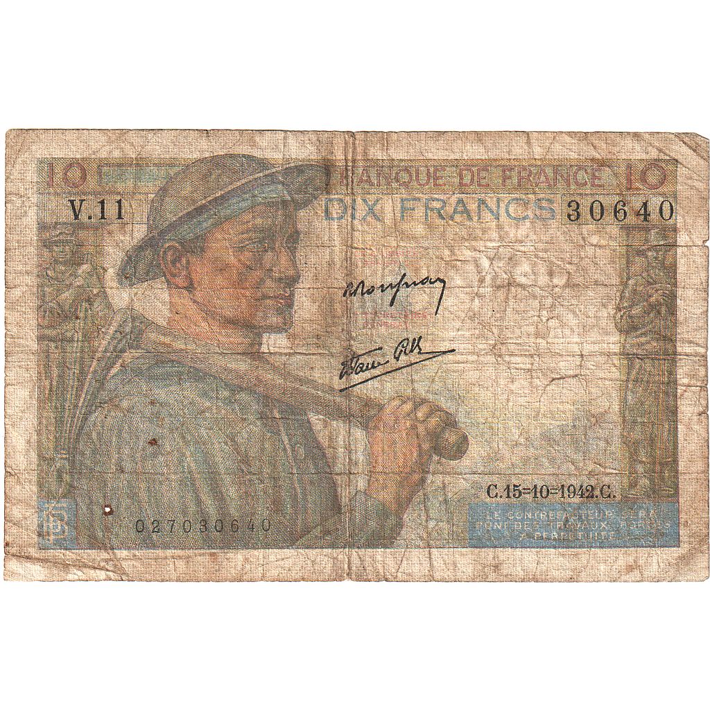 France, 10 Francs, Mineur, 1942, V.11, F(12-15), Fayette:8.4, KM:99d