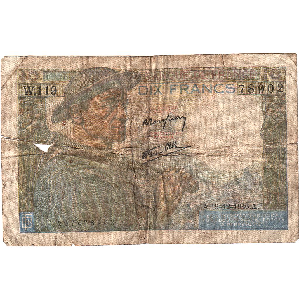 França, 10 Francs, Mineur, 1946, W.119, AG(1-3), Fayette:8.16, KM:99e