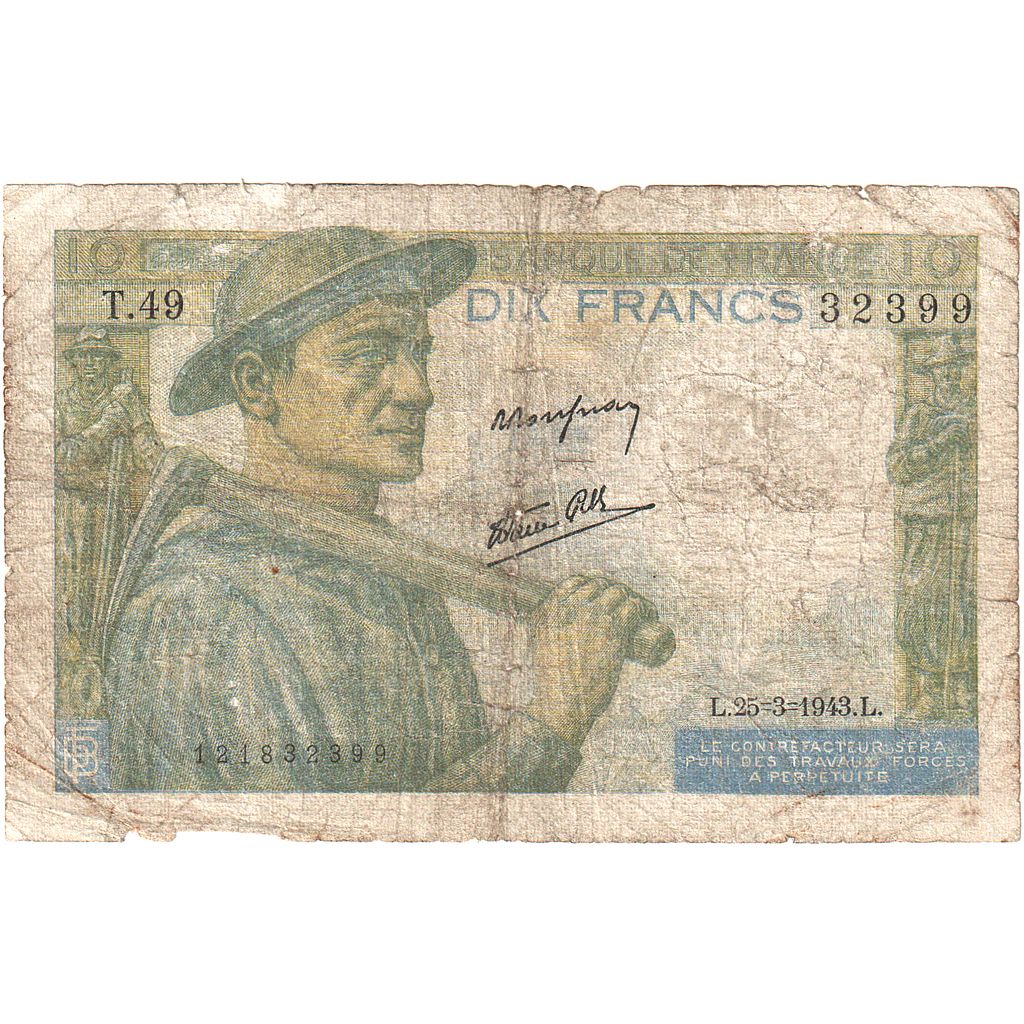 França, 10 Francs, Mineur, 1943, T.49, G(4-6), Fayette:8.8, KM:99e