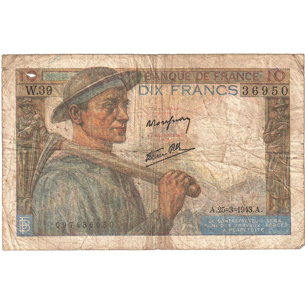 França, 10 Francs, Mineur, 1943, W.39, F(12-15), Fayette:8.8, KM:99e