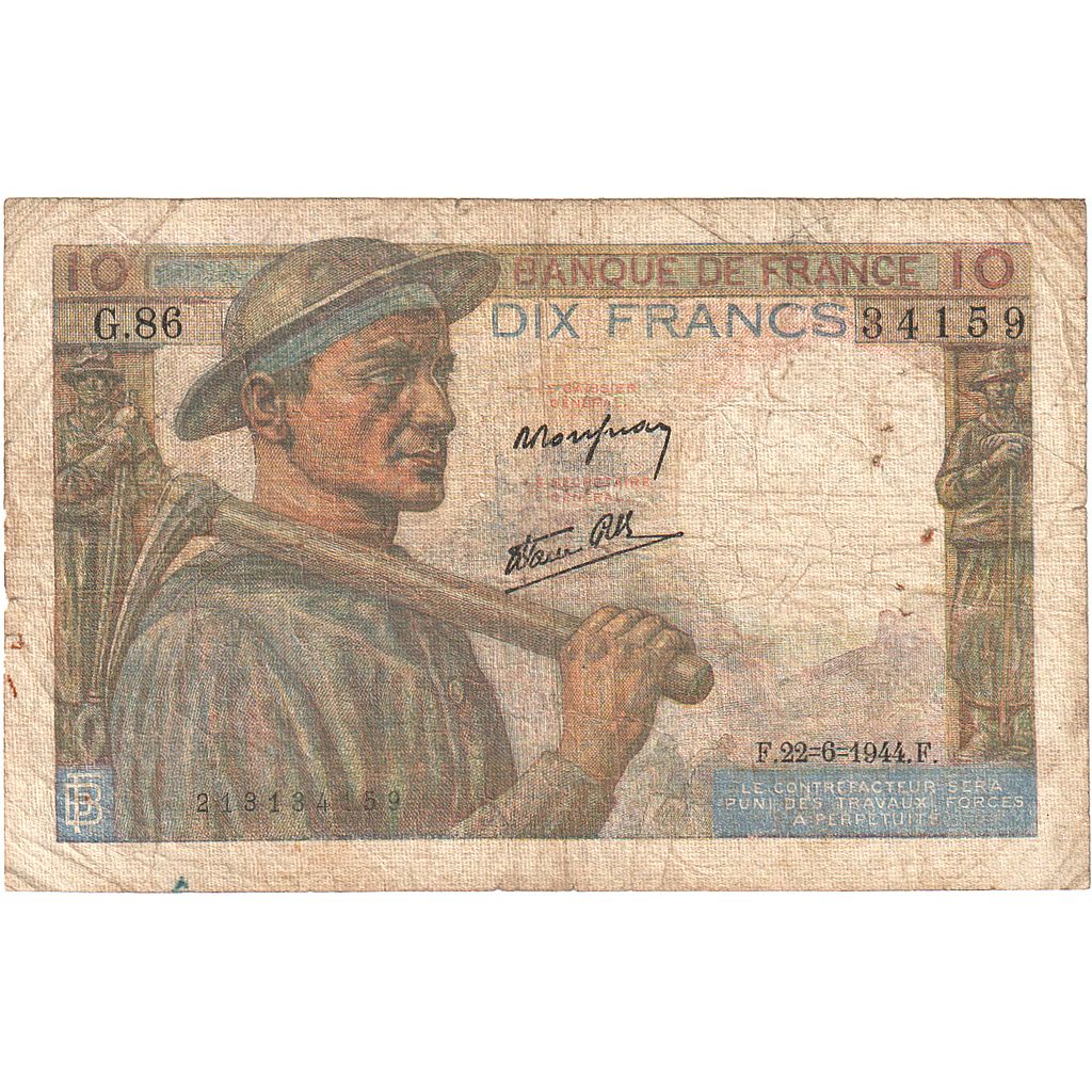 Frankreich, 10 Francs, Mineur, 1944, G.86, S, Fayette:8.12, KM:99e