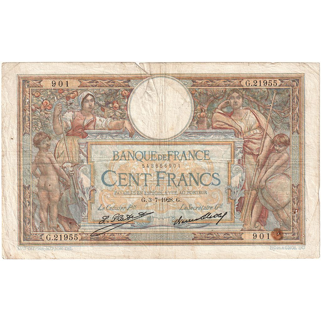 França, 100 Francs, Luc Olivier Merson, 1928, G.21955, VG(8-10), Fayette:24.7