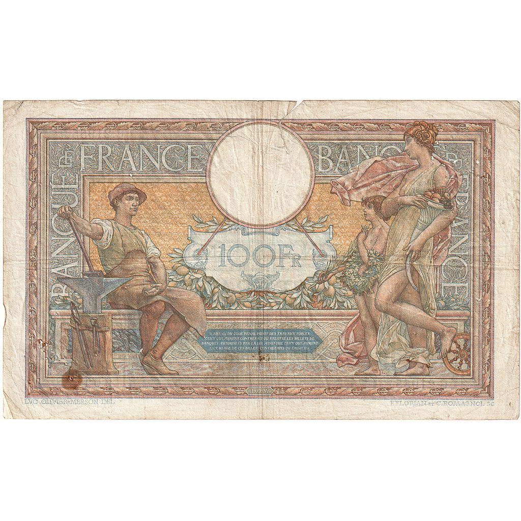 França, 100 Francs, Luc Olivier Merson, 1928, G.21955, VG(8-10), Fayette:24.7