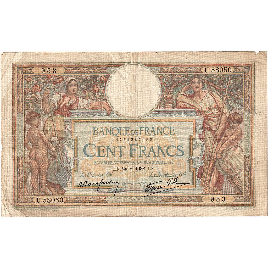 France, 100 Francs, Luc Olivier Merson, 1938, U.58050, VF(20-25), Fayette:25.41