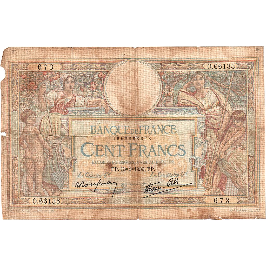 France, 100 Francs, Luc Olivier Merson, 1939, O.66135, AB, Fayette:25.46, KM:86b