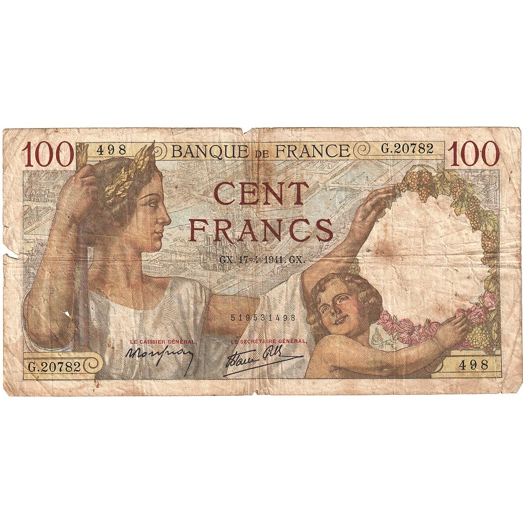 Francja, 100 Francs, Sully, 1941, G.20782, AG(1-3), Fayette:26.50, KM:94