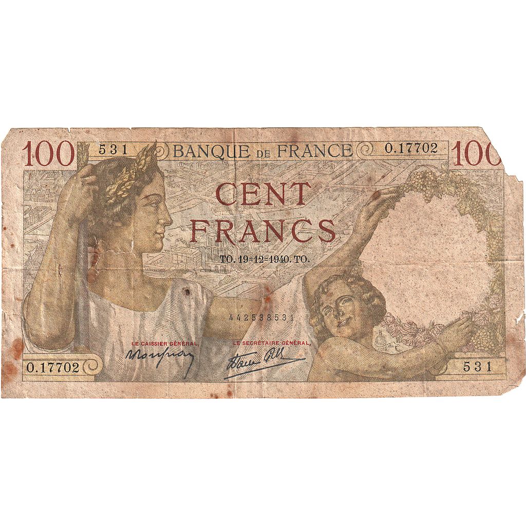 France, 100 Francs, Sully, 1940, O.17702, AB, Fayette:26.43, KM:94