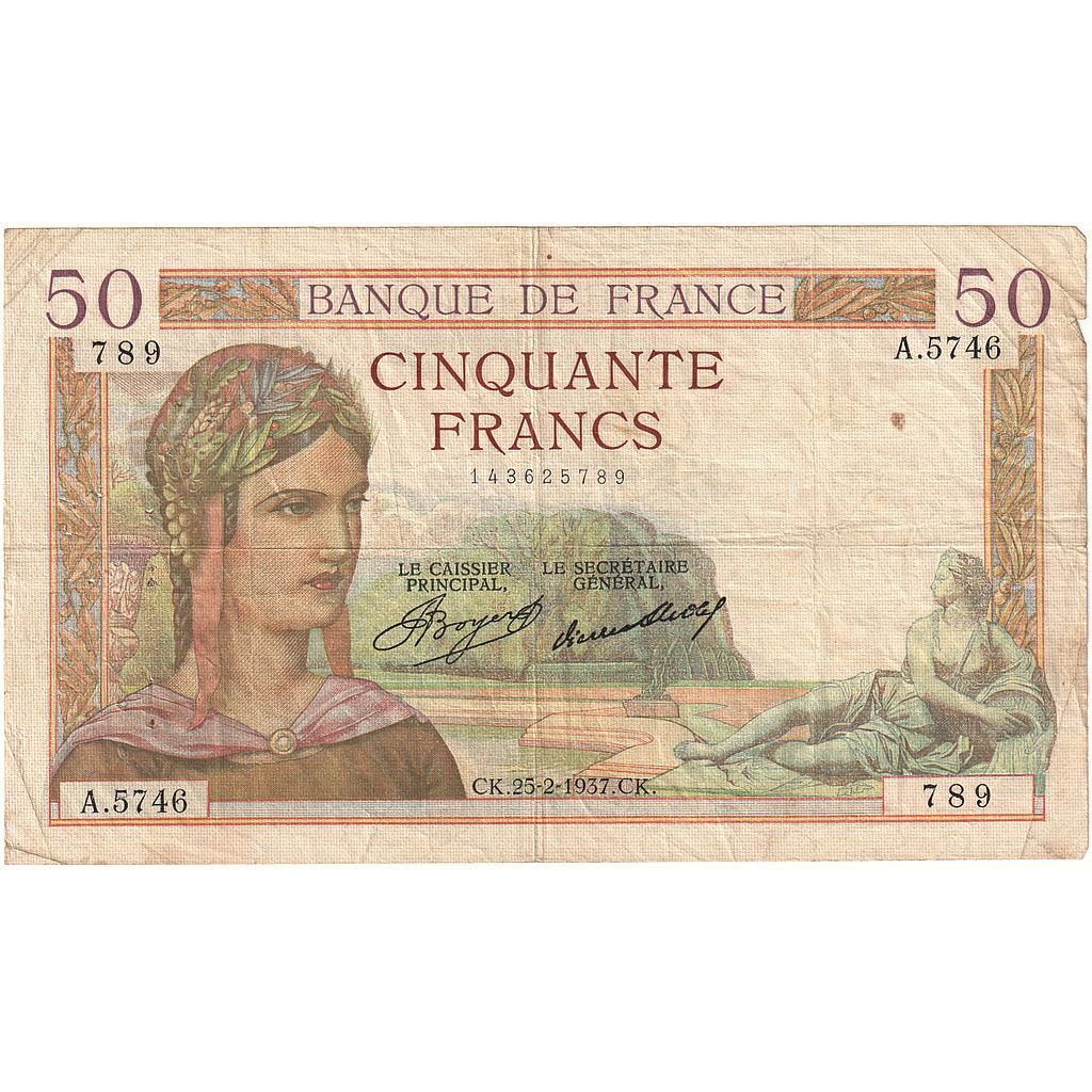 Frankrijk, 50 Francs, Cérès, 1937, A.5746, TB, Fayette:17.35, KM:81