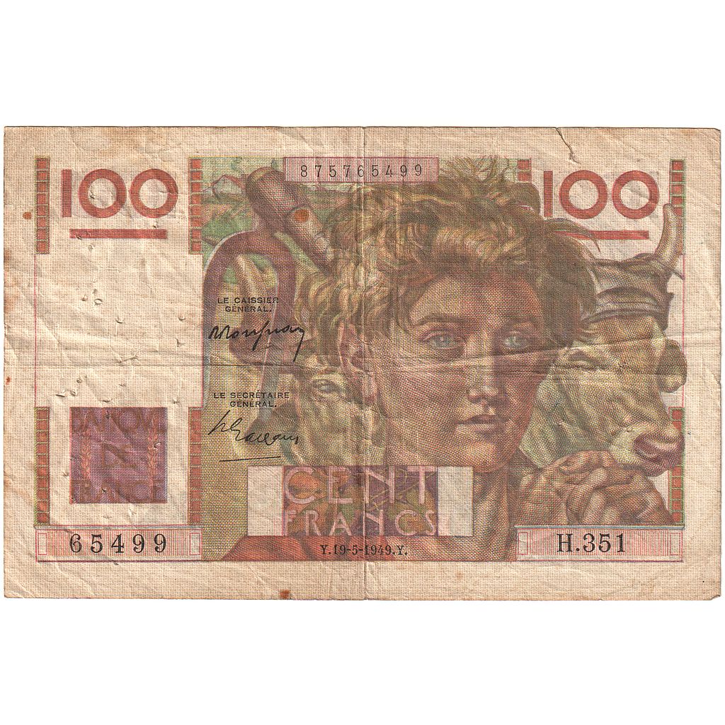 Francia, 100 Francs, Jeune Paysan, 1949, H.351, MB, Fayette:28.24, KM:128b