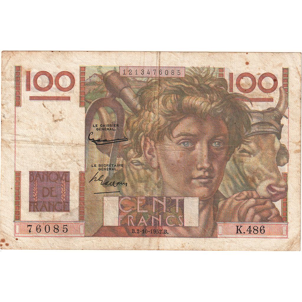 Francja, 100 Francs, Jeune Paysan, 1952, K.486, VF(20-25), Fayette:28.34