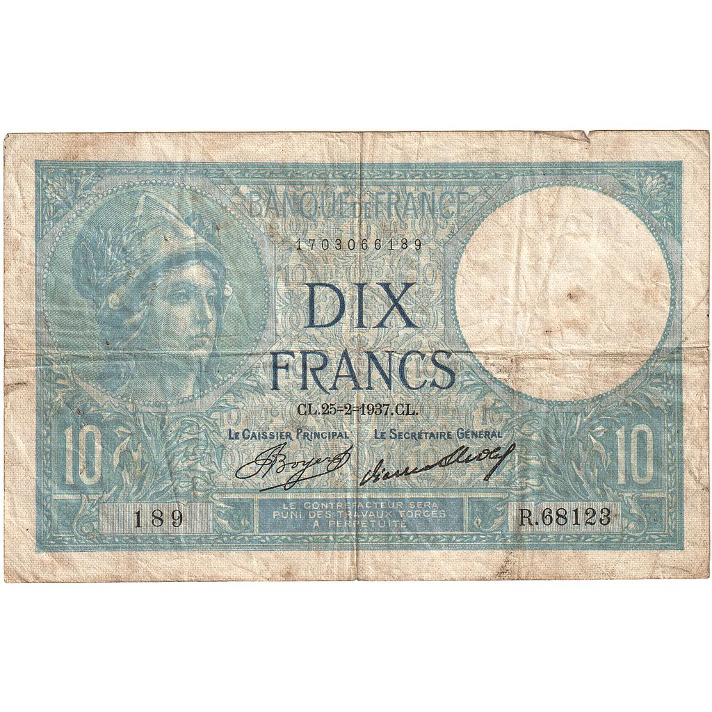 France, 10 Francs, Minerve, 1937, R.68123, TB, Fayette:06.18, KM:73e