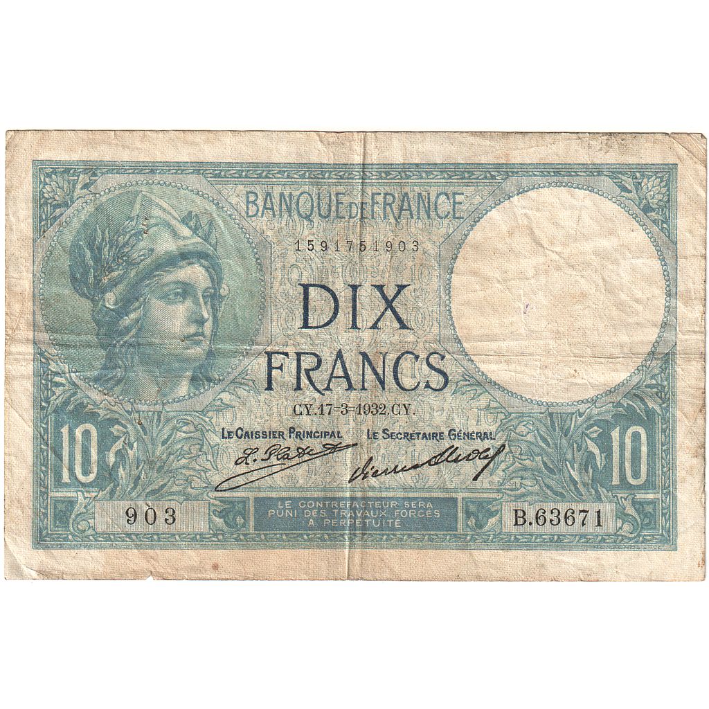 Francia, 10 Francs, Minerve, 1932, B.63671, MBC, Fayette:6.16, KM:73d