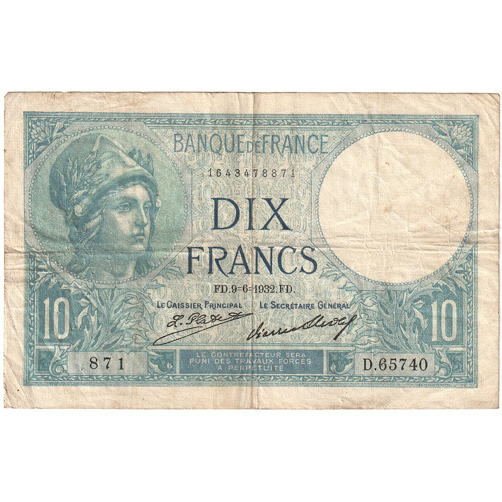 Frankrijk, 10 Francs, Minerve, 1932, D.65740, TTB, Fayette:6.16, KM:73d