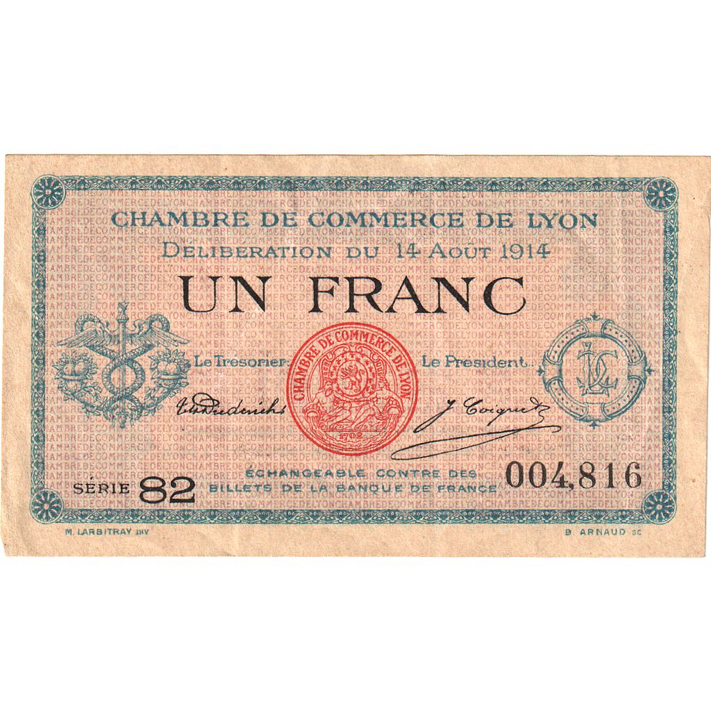 Francja, Lyon, 1 Franc, 1914, Chambre de Commerce, AU(55-58), Pirot:77-1