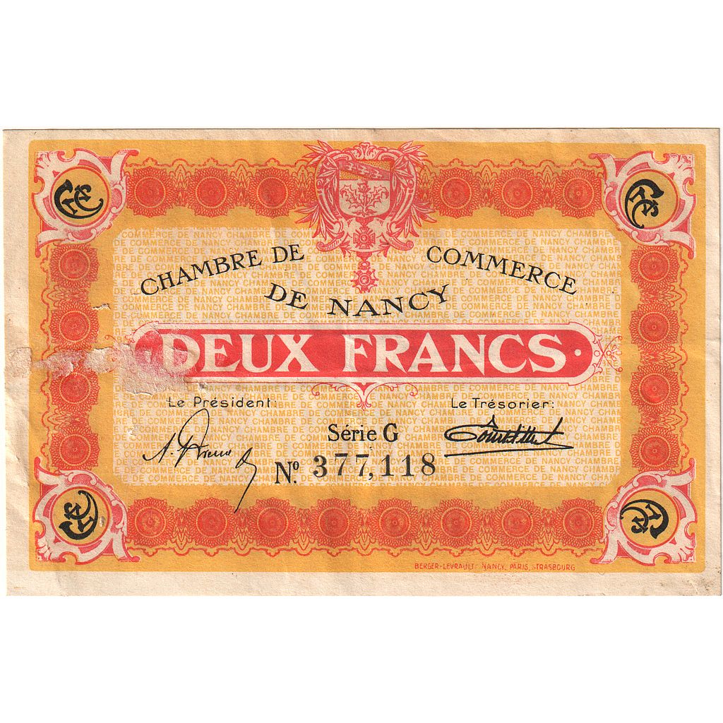 Francia, Nancy, 2 Francs, 1923, Chambre de Commerce, BB, Pirot:87-25