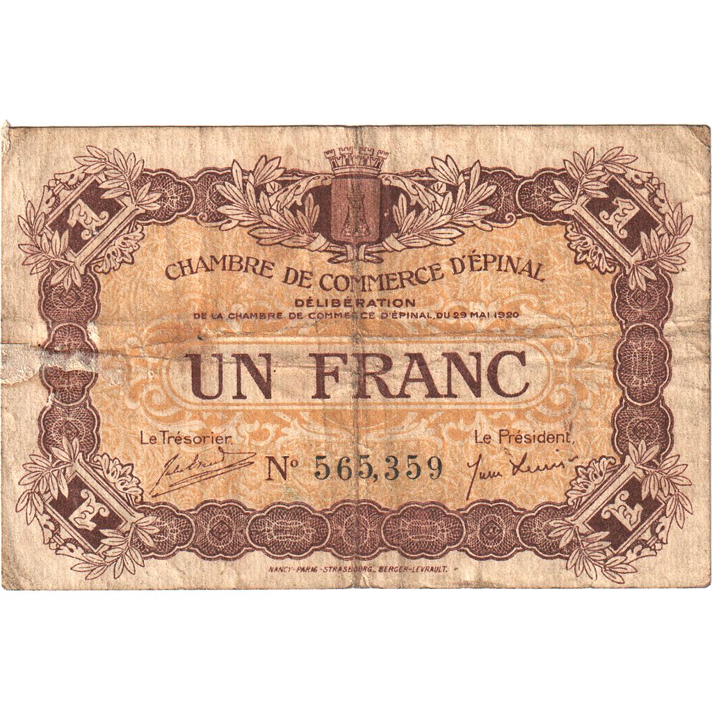 France, Epinal, 1 Franc, 1920, VF(20-25), Pirot:56-14