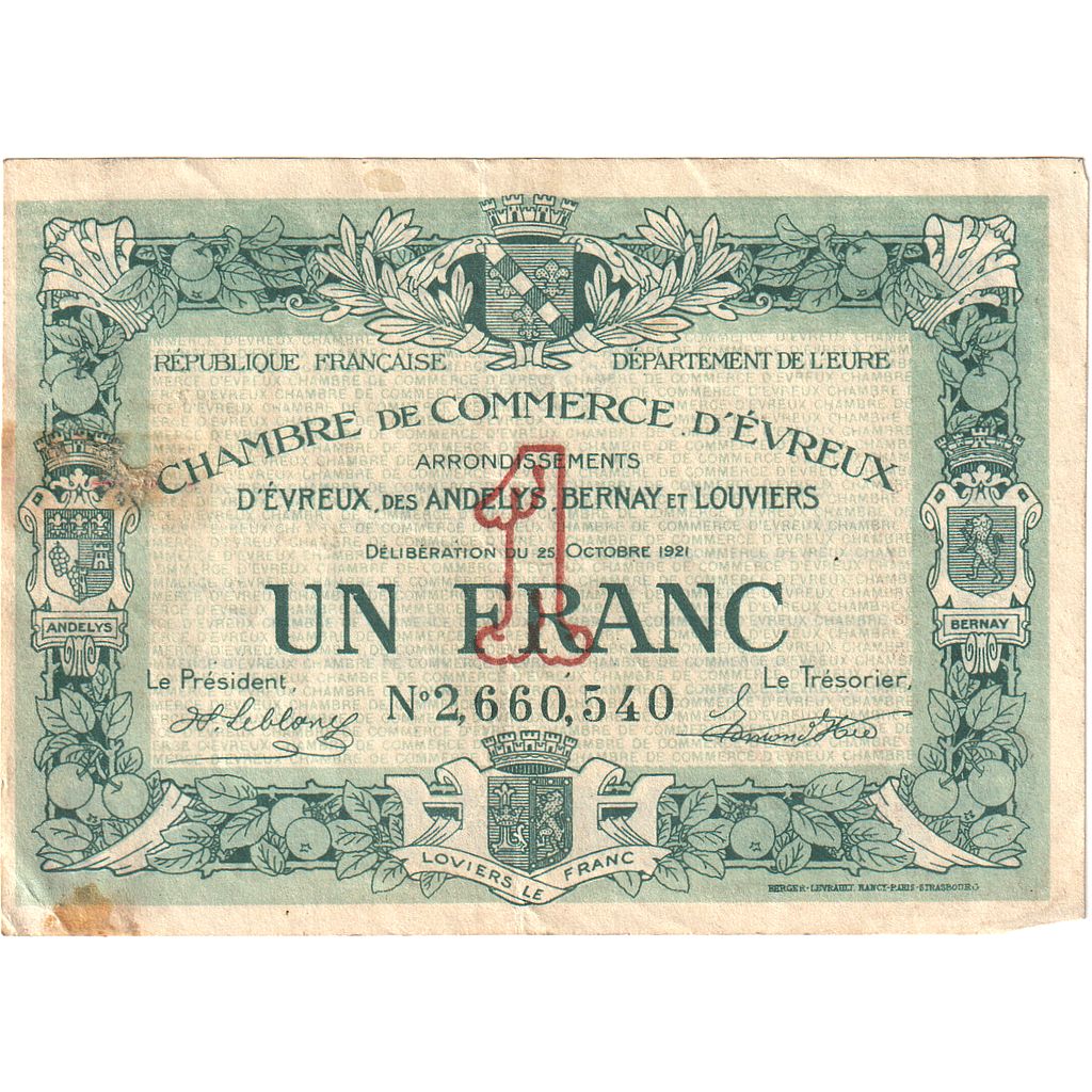 França, Evreux, 1 Franc, 1921, Chambre de Commerce, VF(20-25), Pirot:57-17