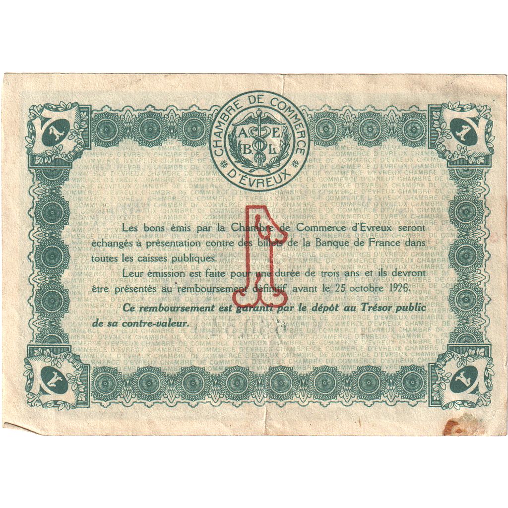 França, Evreux, 1 Franc, 1921, Chambre de Commerce, VF(20-25), Pirot:57-17