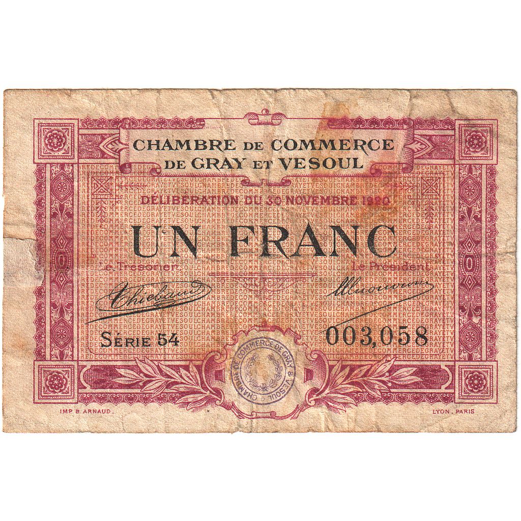 France, Gray et Vesoul, 1 Franc, 1920, VF(20-25), Pirot:62-17
