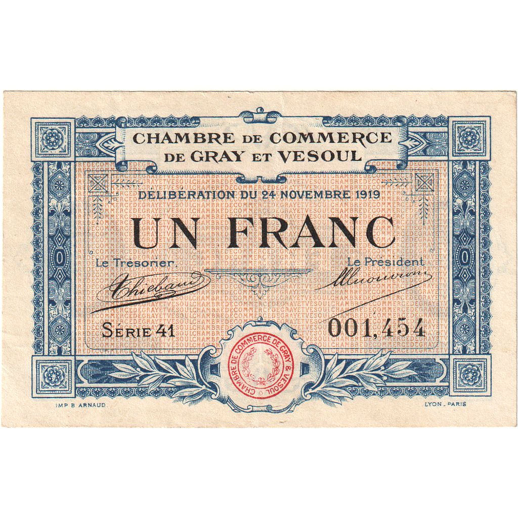 France, Gray et Vesoul, 1 Franc, 1919, AU(50-53), Pirot:62-13