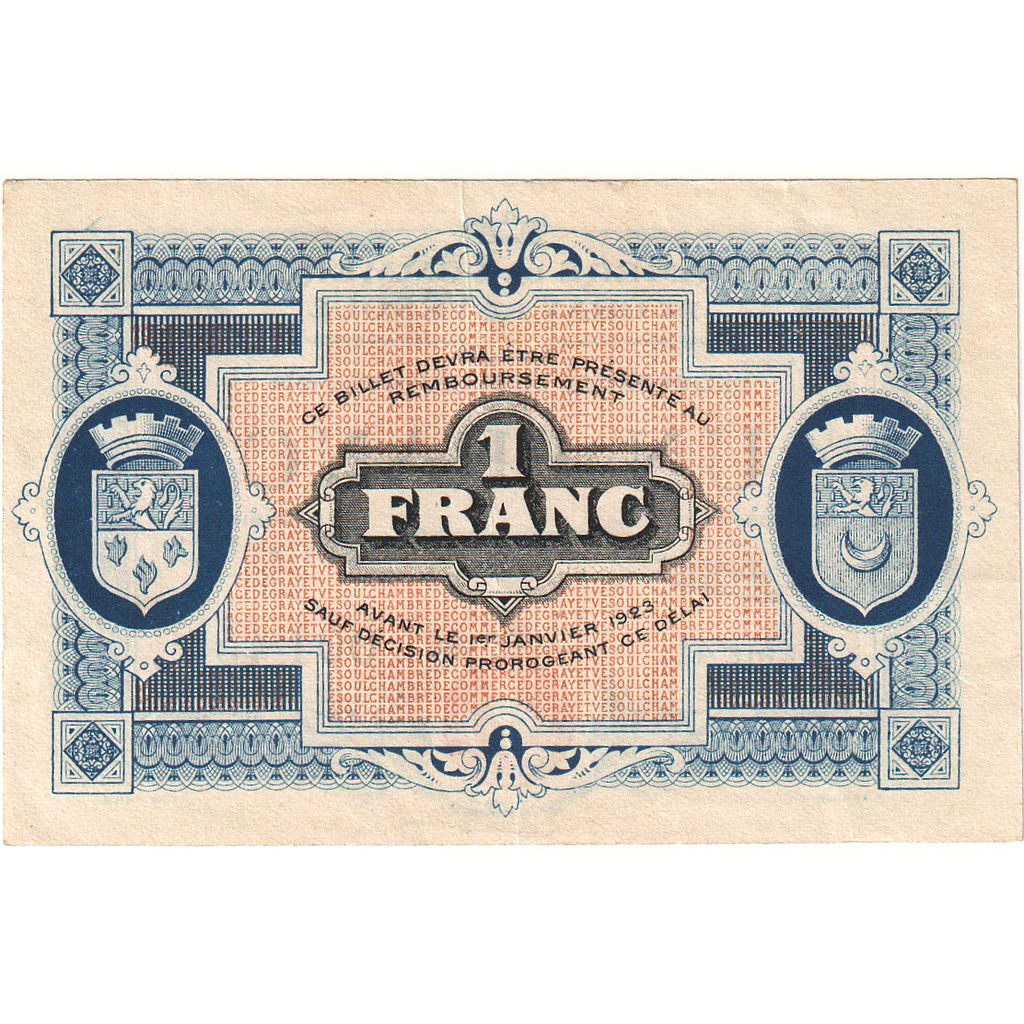 France, Gray et Vesoul, 1 Franc, 1919, AU(50-53), Pirot:62-13