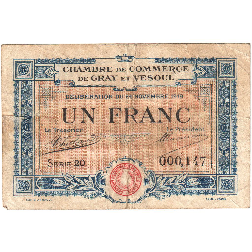 Frankrijk, Gray et Vesoul, 1 Franc, 1919, TB, Pirot:62-13