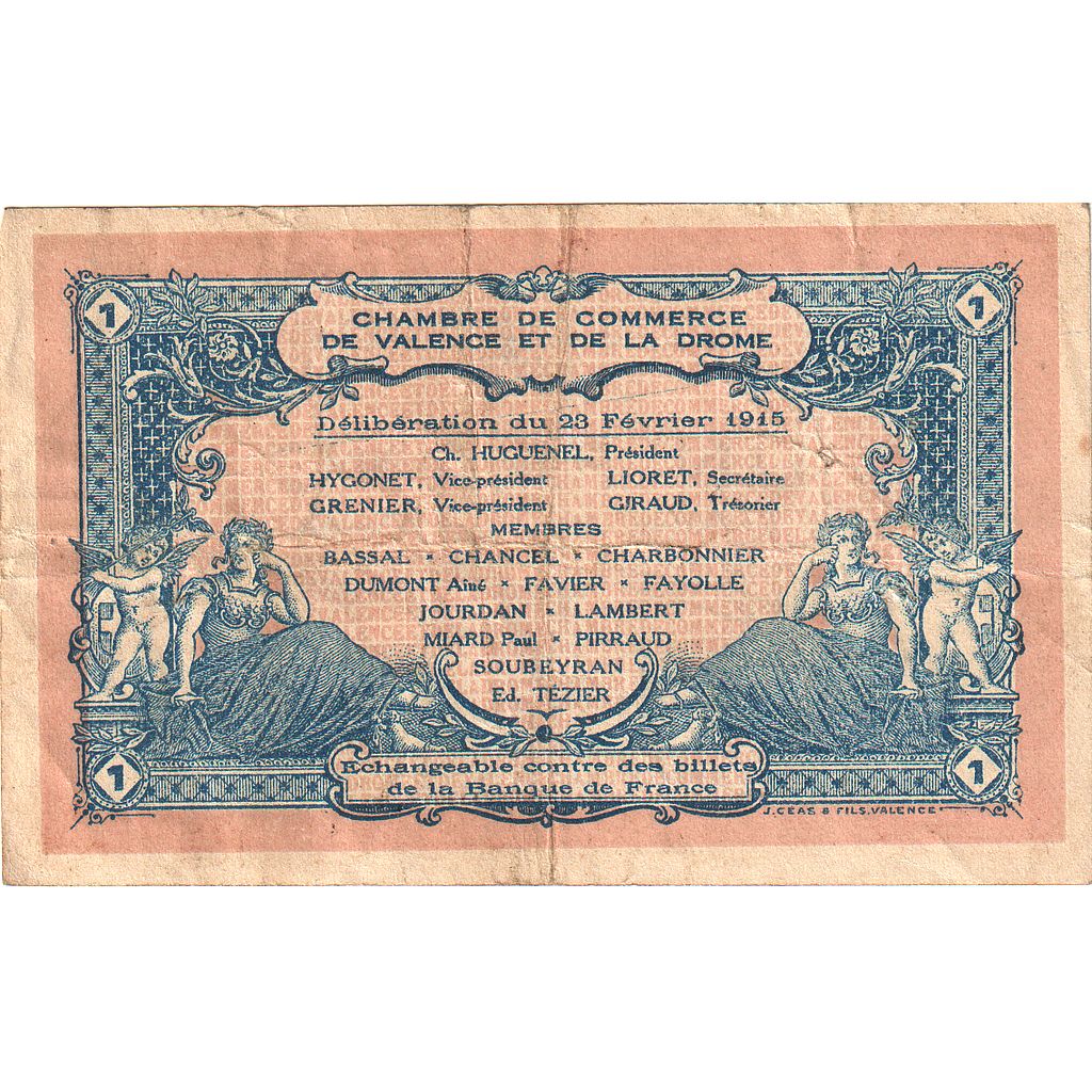 France, Valence, 1 Franc, 1915, VF(30-35), Pirot:127-7