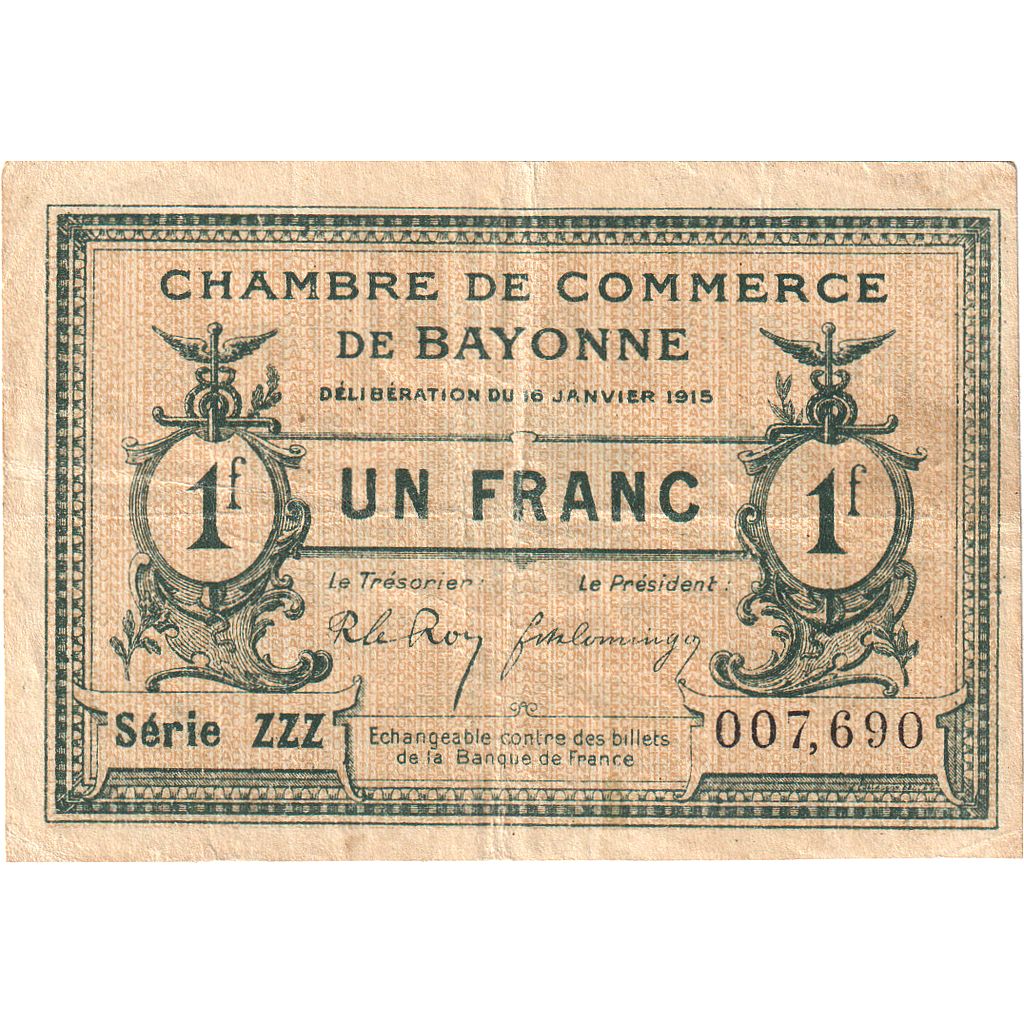 França, Bayonne, 1 Franc, 1915, Chambre de Commerce, VF(30-35), Pirot:21-13