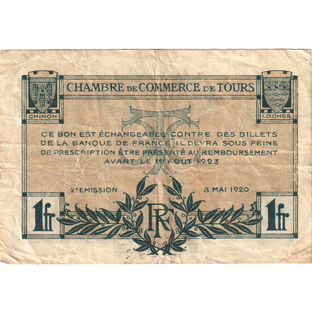 Frankrijk, Tours, 1 Franc, 1920, TB+, Pirot:123-4