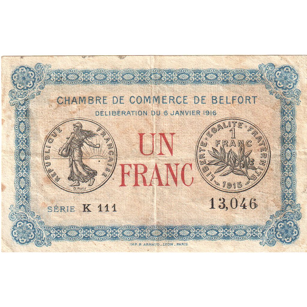 France, Belfort, 1 Franc, 1916, EF(40-45), Pirot:23-40