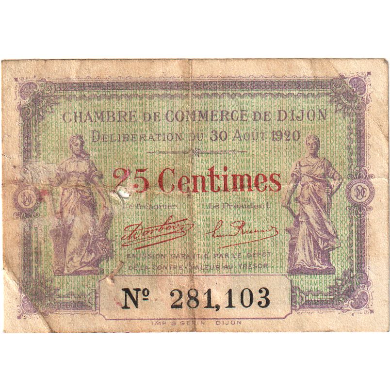 France, Dijon, 25 Centimes, 1920, VG(8-10), Pirot:53-23