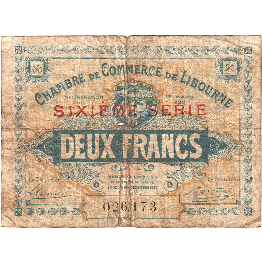 France, Libourne, 2 Francs, 1920, VG(8-10), Pirot:72-34