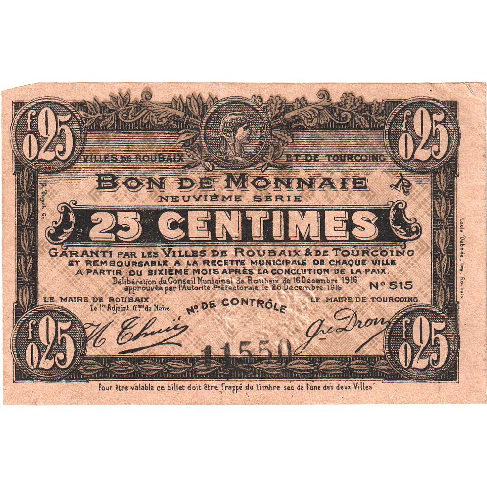 Francia, ROUBAIX et TOURCOING, 25 Centimes, 1916-12-16, BB, Pirot:59-2160