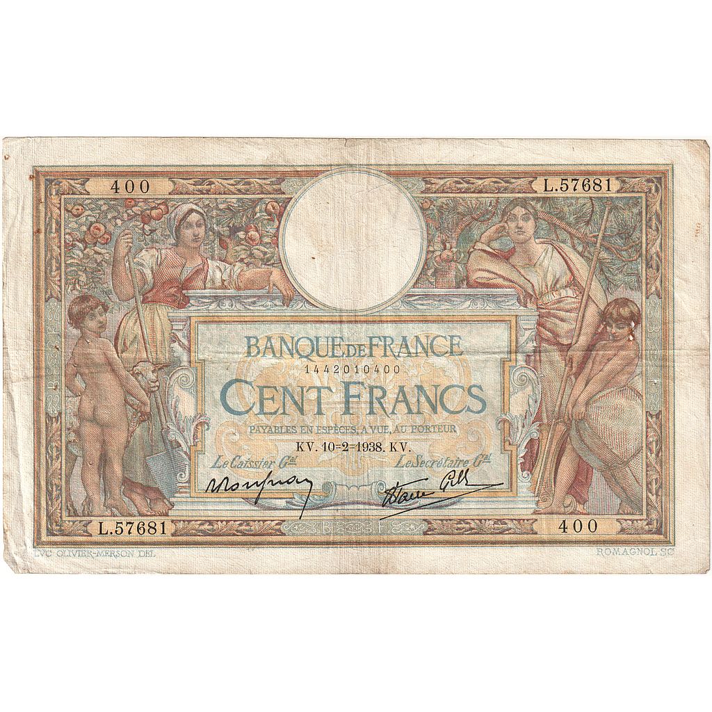 França, 100 Francs, Luc Olivier Merson, 1938, L.57681, VF(20-25)
