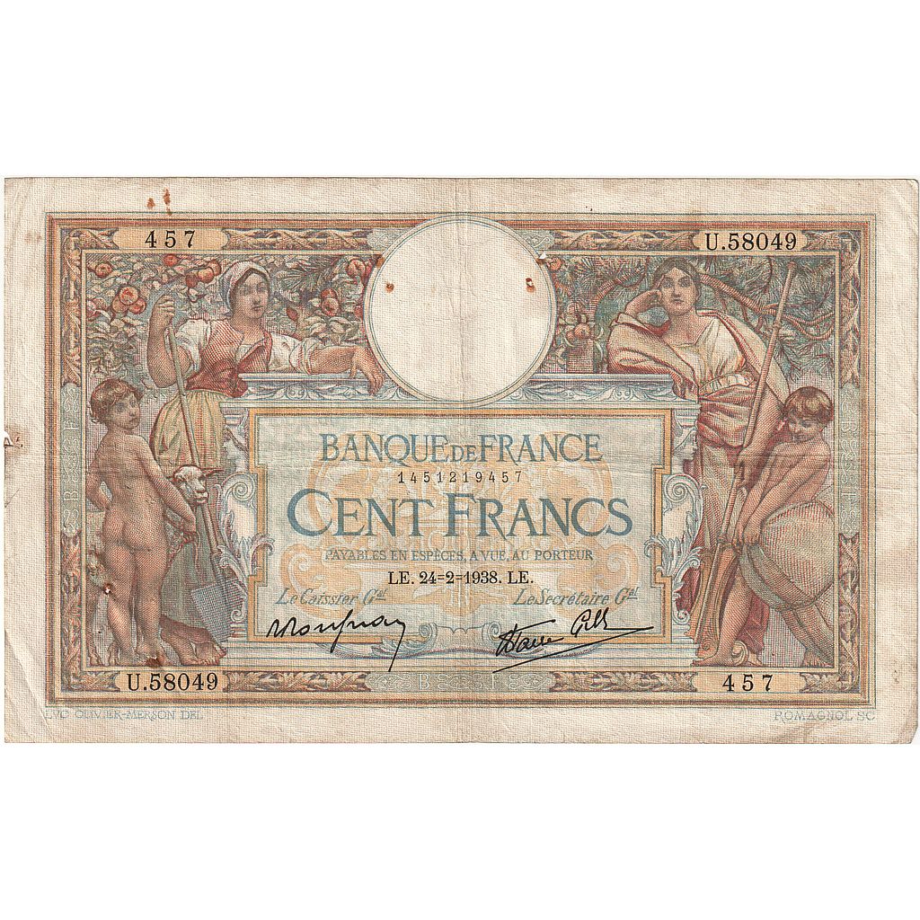 France, 100 Francs, Luc Olivier Merson, 1938, U.58049, TB, Fayette:25.12, KM:86b