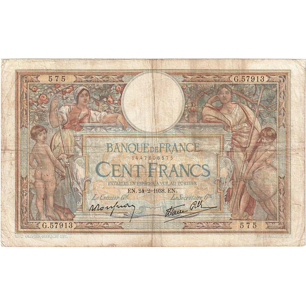 France, 100 Francs, Luc Olivier Merson, 1938, G.57913, TB, Fayette:25.12, KM:86b