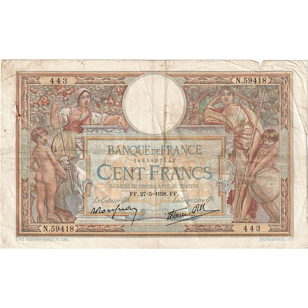 France, 100 Francs, Luc Olivier Merson, 1938, N.59418, F(12-15), Fayette:25.20