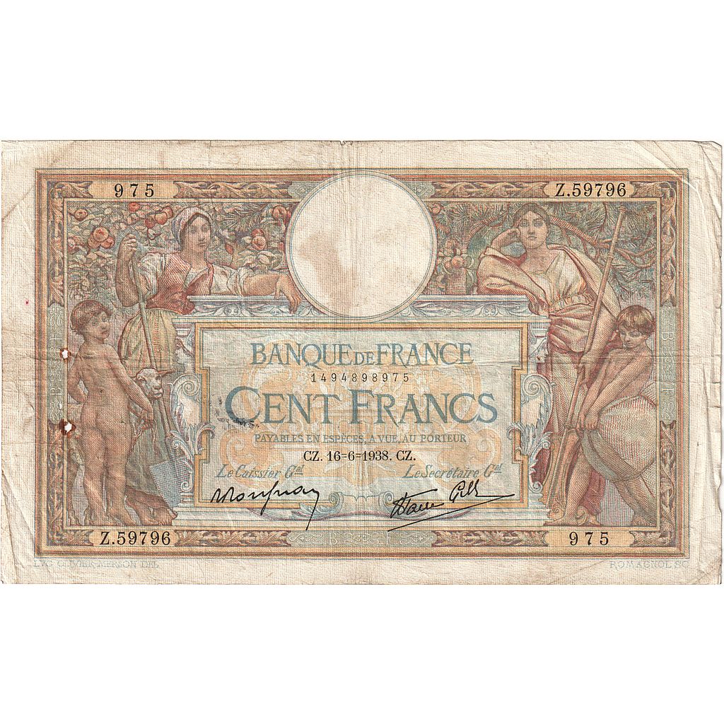 France, 100 Francs, Luc Olivier Merson, 1938, Z.59796, TB, Fayette:25.23, KM:86b