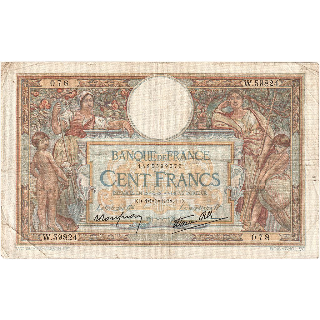 Francja, 100 Francs, Luc Olivier Merson, 1938, W.59824, VF(20-25)