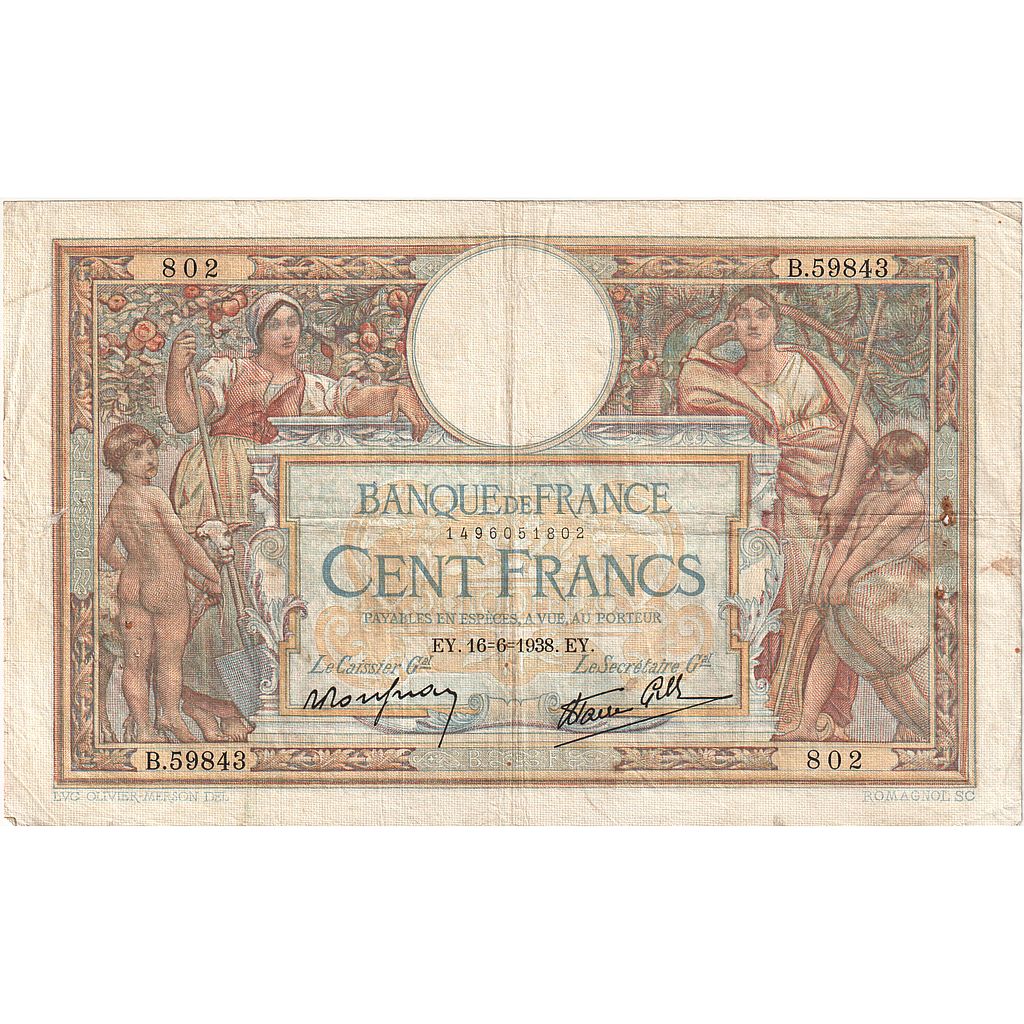 Francja, 100 Francs, Luc Olivier Merson, 1938, B.59843, VF(20-25)